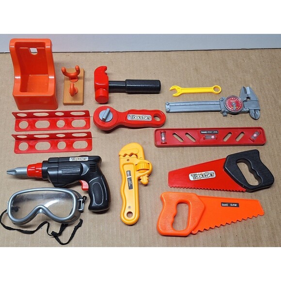 14 Lot Assorted Kids Tools Play Toys Pretend Hack Saw Drill Level Ruler Hammer - Picture 1 of 2